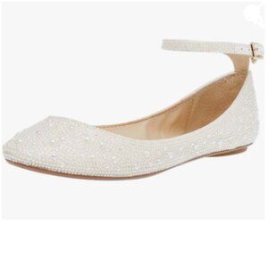 XYD White Sparkle Rhinestones Ankle Strap Ballet Flat Studded Buckled Dress Shoe